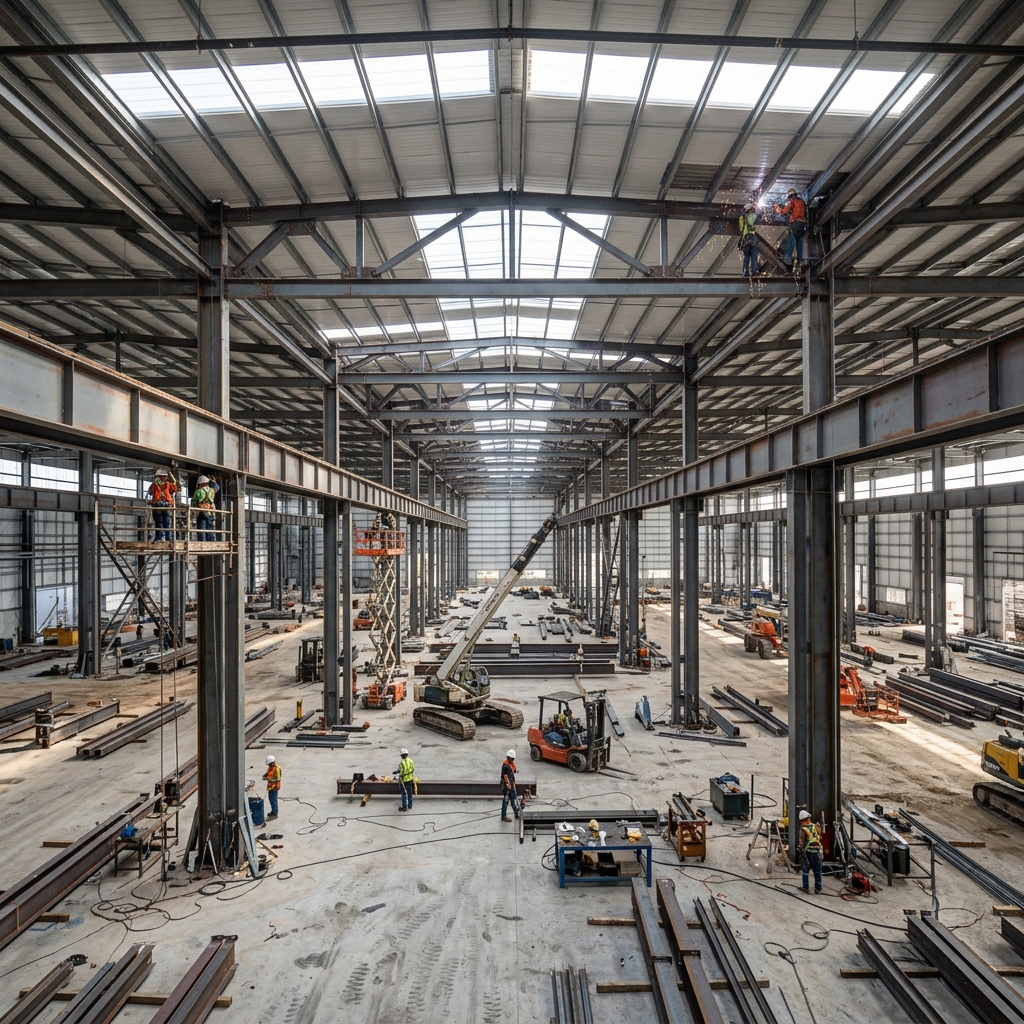 Ağır çelik taşıyıcı kolonları ve geniş fabrika açıklığı